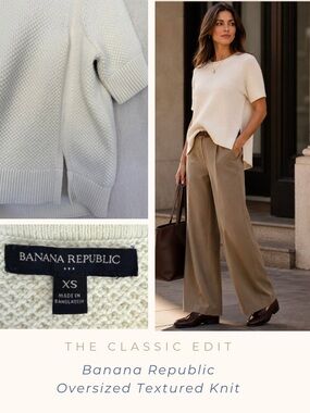 Banana Republic Oversized Textured Knit Sweater Ivory Cotton Blend Short Sleeve